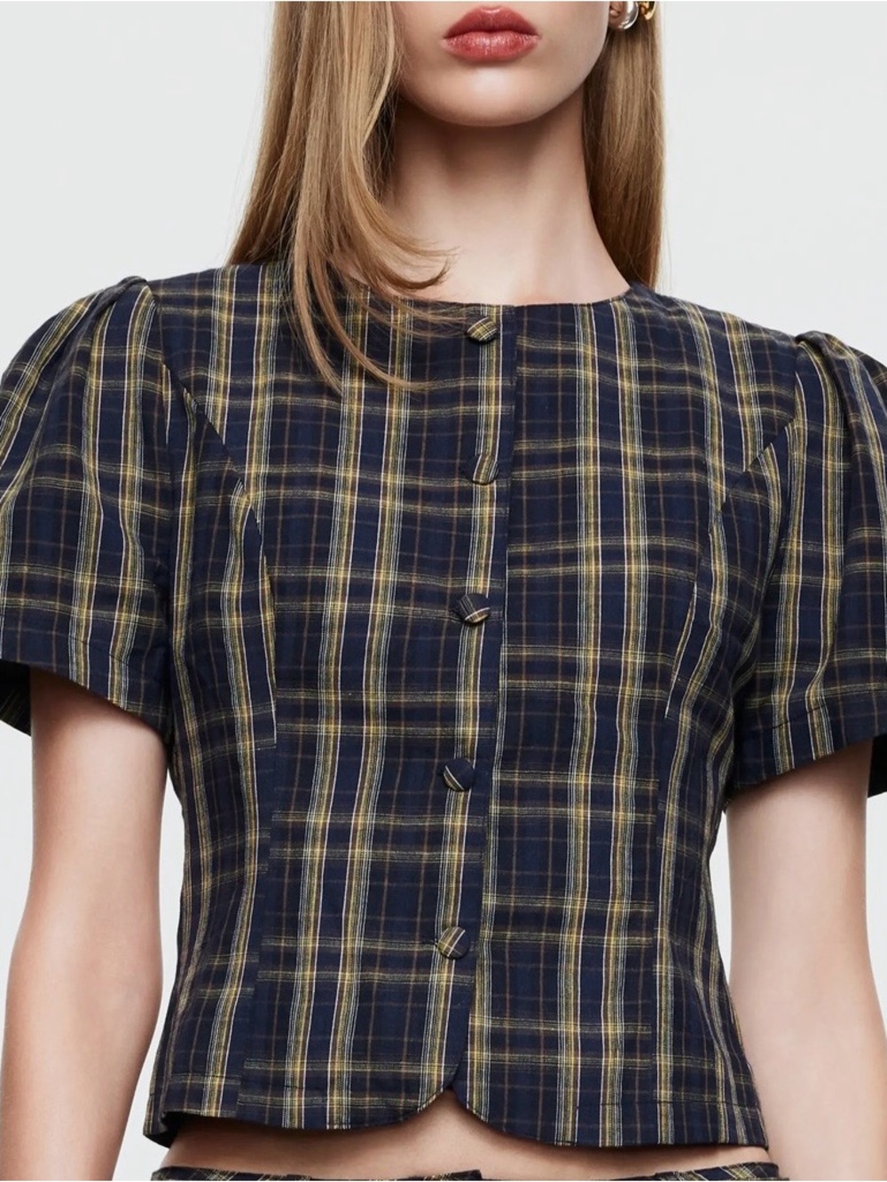 Lioness Navy and Yellow Plaid Short Sleeve Blazer